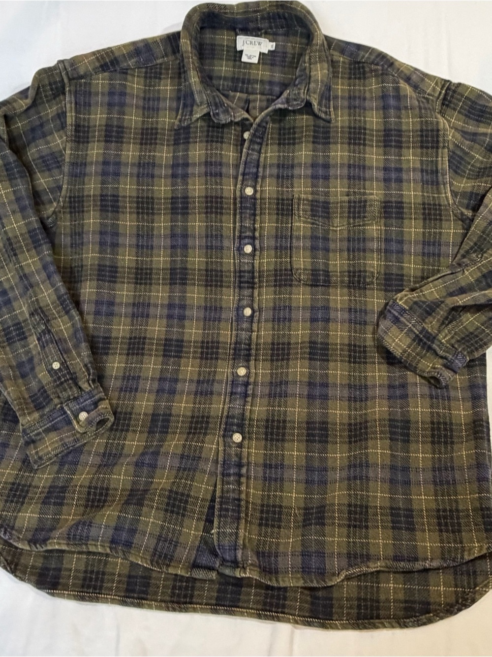 J.Crew Mens 2XL Flannel Shirt Olive Navy Plaid 100% Cotton Button Up
